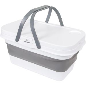 imageStansport Silicon Folding Basket with Table Top Lid  Portable Washing Basin Bucket Tub  Camping Travel  Storage Container Compact Laundry Dishes White Large